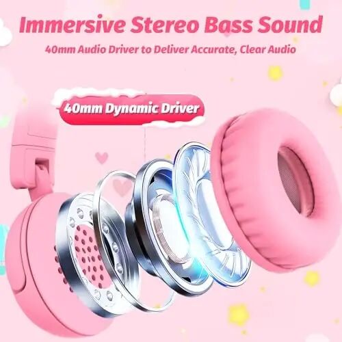 IMYB Kids Headphones with Cord for School, 85/94dB Volume Limit Headphones for Kids, Portable Wired Headphone with Shareport, Stereo Sound Foldable Headset for School/Tablet/iPad/Kindle (Pink) - 3