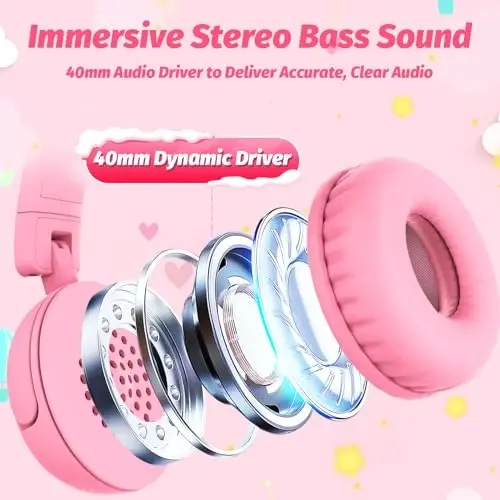 IMYB Kids Headphones with Cord for School, 85/94dB Volume Limit Headphones for Kids, Portable Wired Headphone with Shareport, Stereo Sound Foldable Headset for School/Tablet/iPad/Kindle (Pink) - 3
