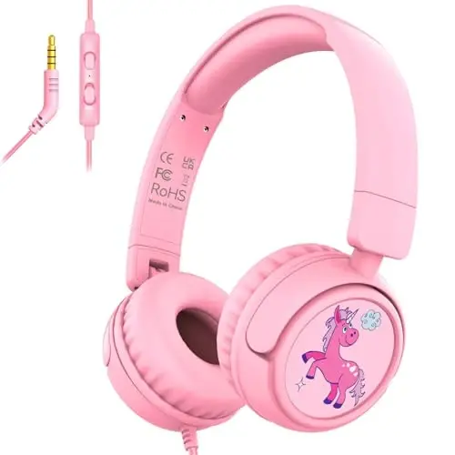 IMYB Kids Headphones with Cord for School, 85/94dB Volume Limit Headphones for Kids, Portable Wired Headphone with Shareport, Stereo Sound Foldable Headset for School/Tablet/iPad/Kindle (Pink) 