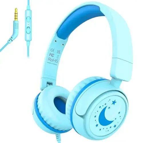IMYB Kids Headphones with Cord for School, 85/94dB Volume Limit Headphones for Kids, Portable Wired Headphone with Shareport, Stereo Sound Foldable Headset for School/Tablet/iPad/Kindle (Cyan) - IMYB