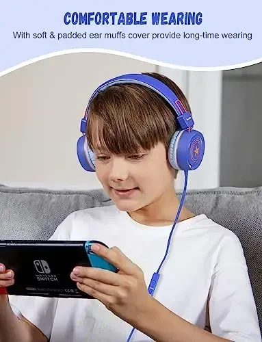 New Bee Kids Headphones for School with Microphone KH20 HD Stereo Safe Volume Limited 85dB/94dB Foldable Lightweight On-Ear Headphone for boy Mac/Android/Kindle/Tablet/Pad(Royal Blue) - 2