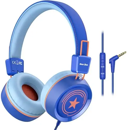 New bee Kids Headphones for School with Microphone KH20 HD Stereo Safe Volume Limited 85dB/94dB Foldable Lightweight On-Ear Headphone for boy Mac/Android/Kindle/Tablet/Pad(Royal Blue) 