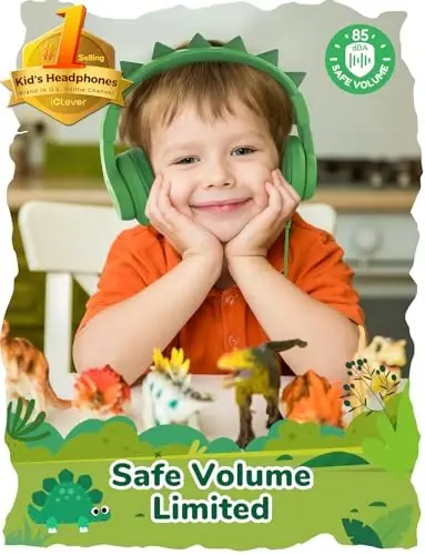 iClever Kids Headphones for School Travel, Safe Volume 85dBA, Stereo Sound Over-Ear for Kid, Foldable 3.5mm Wired Dinosaur Headphones for iPad Computer, HS19S - ICLEVER