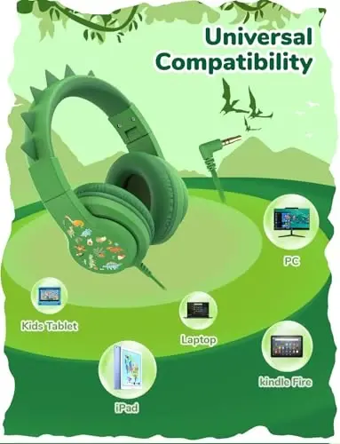 iClever Kids Headphones for School Travel, Safe Volume 85dBA, Stereo Sound Over-Ear for Kid, Foldable 3.5mm Wired Dinosaur Headphones for iPad Computer, HS19S - 5