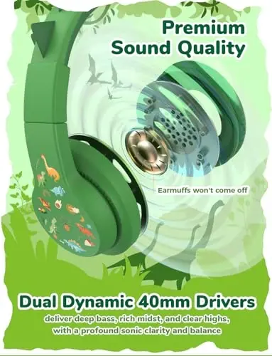 iClever Kids Headphones for School Travel, Safe Volume 85dBA, Stereo Sound Over-Ear for Kid, Foldable 3.5mm Wired Dinosaur Headphones for iPad Computer, HS19S - 4
