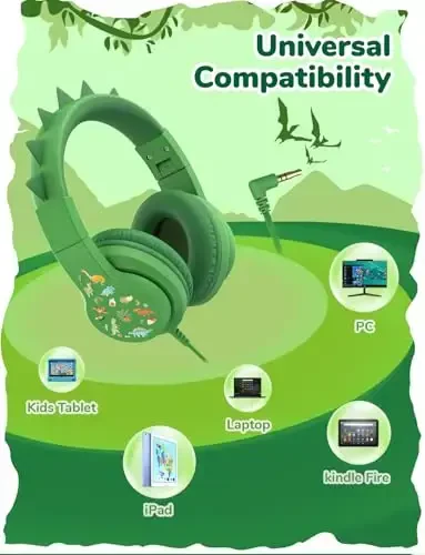 iClever Kids Headphones for School Travel, Safe Volume 85dBA, Stereo Sound Over-Ear for Kid, Foldable 3.5mm Wired Dinosaur Headphones for iPad Computer, HS19S - 5