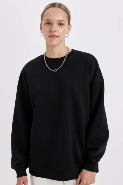 Okula Dönüş Oversize Geniş Kalıp Bisiklet Yaka Basic Düz Kalın Sweatshirt Siyah - 1