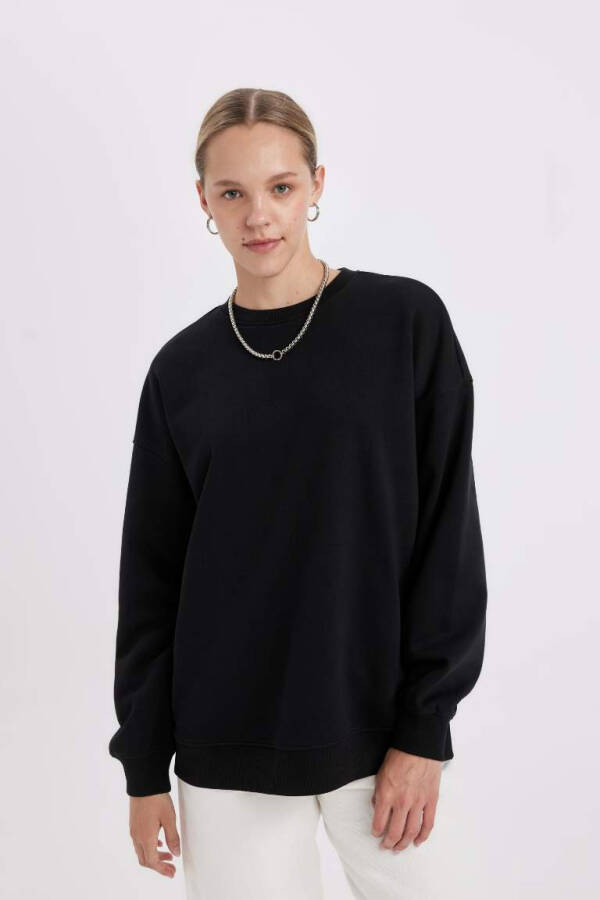 Okula Dönüş Oversize Geniş Kalıp Bisiklet Yaka Basic Düz Kalın Sweatshirt Siyah - 3