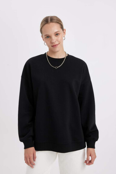 Okula Dönüş Oversize Geniş Kalıp Bisiklet Yaka Basic Düz Kalın Sweatshirt Siyah - 4