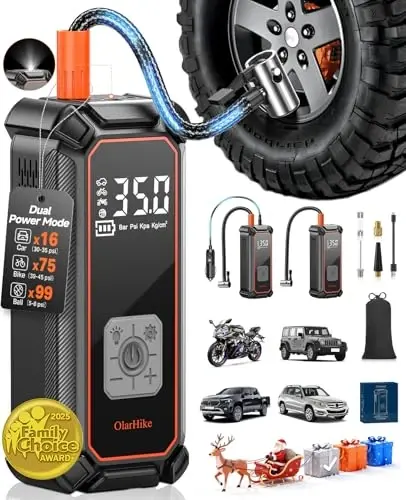 OlarHike Cordless Tire Inflator Portable Air Compressor, 150PSI Dual Power - 5400 mAh & 12V DC, Air Pump for Car Tires, Bike, Motorcycle, Bicycle, Electric Pump with LED Light & Digital Pressure Gauge - 6