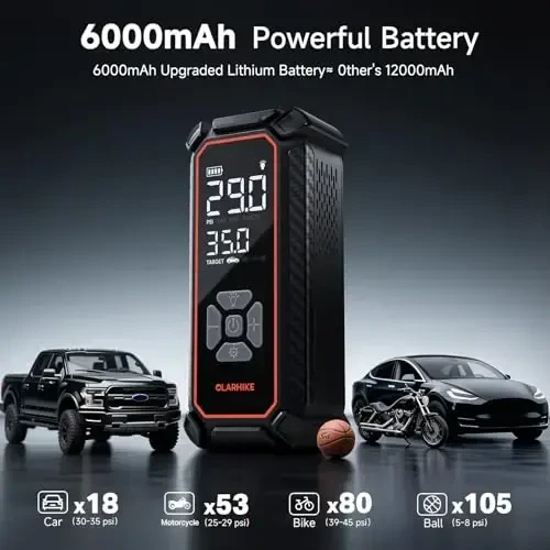 OlarHike Cordless Tire Inflator Portable Air Compressor, 150PSI Dual Power_6000mAh & 12V DC, Air Pump for Car Tires, Bike, Motorcycle, with LED & Digital Pressure Gauge, Gifts for Men & Women - 4