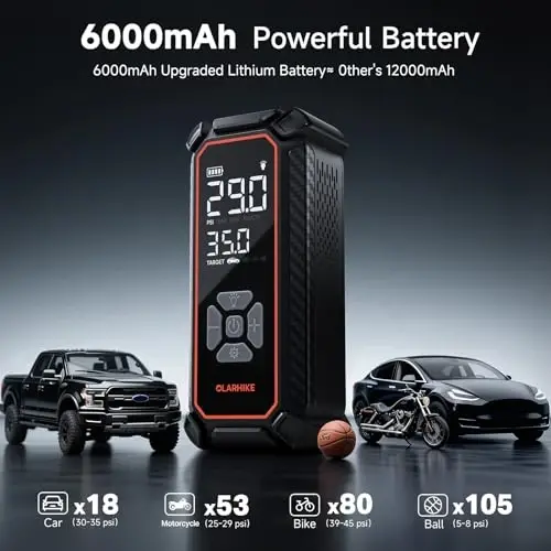 OlarHike Cordless Tire Inflator Portable Air Compressor, 150PSI Dual Power_6000mAh & 12V DC, Air Pump for Car Tires, Bike, Motorcycle, with LED & Digital Pressure Gauge, Gifts for Men & Women - 4