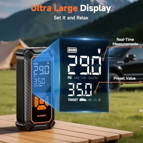 OlarHike simsiz shinalarni shishirgich portativ havo kompressori, 150PSI Dual Power - 6000mAh & 12V DC, avtomobil shinalari, mototsikl, velosiped uchun havo nasosi, LED yoritgichli va raqamli bosim o'lchagichli elektr nasos - 2