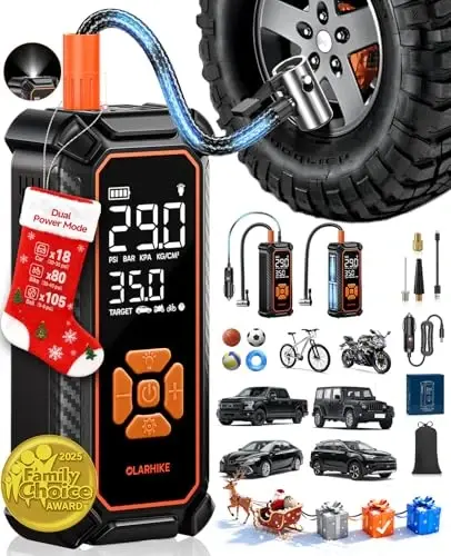 OlarHike simsiz shinalarni shishirgich portativ havo kompressori, 150PSI Dual Power - 6000mAh & 12V DC, avtomobil shinalari, mototsikl, velosiped uchun havo nasosi, LED yoritgichli va raqamli bosim o'lchagichli elektr nasos - 4