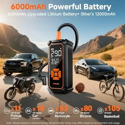 OlarHike simsiz shinalarni shishirgich portativ havo kompressori, 150PSI Dual Power - 6000mAh & 12V DC, avtomobil shinalari, mototsikl, velosiped uchun havo nasosi, LED yoritgichli va raqamli bosim o'lchagichli elektr nasos - 1