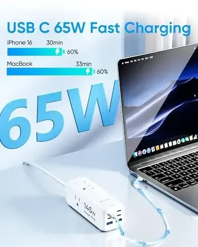 Olcorife 145W USB Power Strip, 5FT Flat Plug Extension Cord with 3 AC Outlets 6 USB Ports(4 USB C&2 USB A), 2000 Joules Surge Protector, Multiple USB Outlet Strip for Home Dorm Travel Essentials - 3