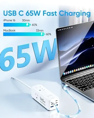 Olcorife 145W USB Power Strip, 5FT Flat Plug Extension Cord with 3 AC Outlets 6 USB Ports(4 USB C&2 USB A), 2000 Joules Surge Protector, Multiple USB Outlet Strip for Home Dorm Travel Essentials - 3