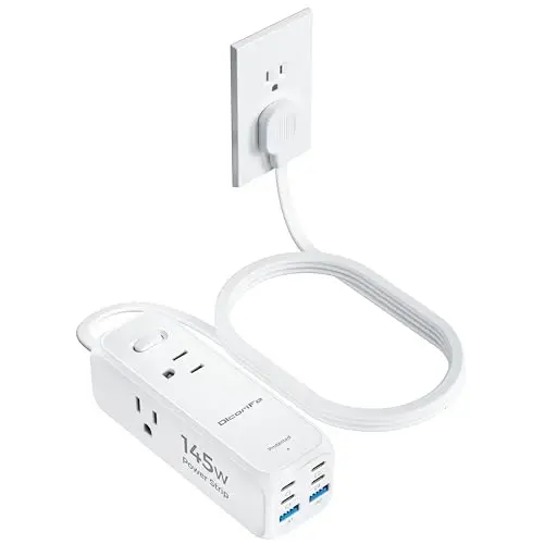 Olcorife 145W USB quvvatlash moslamasi, 5FT yassi vilkali uzaytirgich, 3 AC rozetka 6 USB porti (4 USB C va 2 USB A), 2000 Joullik kuchlanishdan himoya, Uy, yotoqxona, sayohat uchun bir nechta USB rozetka - 1