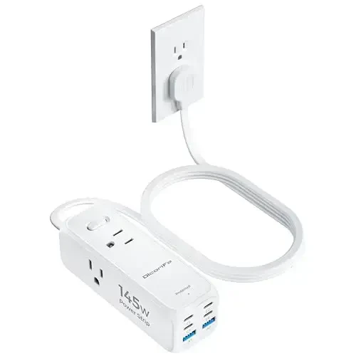 Olcorife 145W USB quvvatlash moslamasi, 5FT yassi vilkali uzaytirgich, 3 AC rozetka 6 USB porti (4 USB C va 2 USB A), 2000 Joullik kuchlanishdan himoya, Uy, yotoqxona, sayohat uchun bir nechta USB rozetka - OLCORIFE