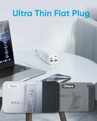 Olcorife 145W USB quvvatlash moslamasi, 5FT yassi vilkali uzaytirgich, 3 AC rozetka 6 USB porti (4 USB C va 2 USB A), 2000 Joullik kuchlanishdan himoya, Uy, yotoqxona, sayohat uchun bir nechta USB rozetka - 4