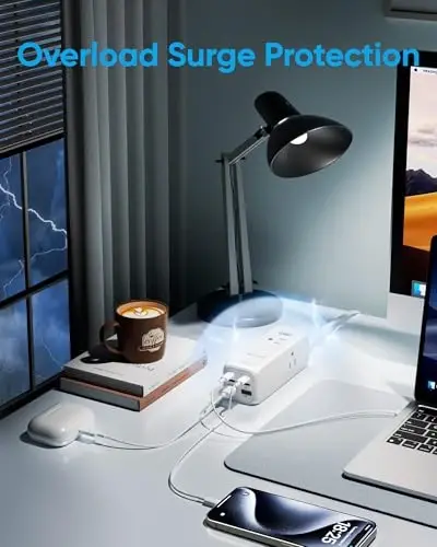 Olcorife 145W USB quvvatlash moslamasi, 5FT yassi vilkali uzaytirgich, 3 AC rozetka 6 USB porti (4 USB C va 2 USB A), 2000 Joullik kuchlanishdan himoya, Uy, yotoqxona, sayohat uchun bir nechta USB rozetka - 5