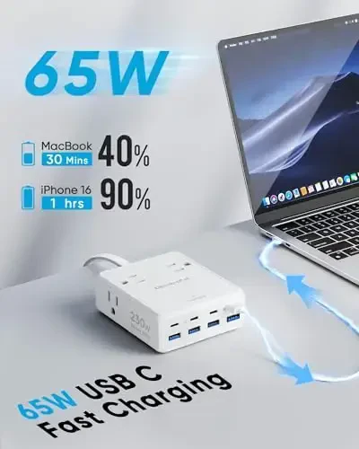 Olcorife 230W USB quvvatlash moslamasi, 5FT tekis vilkali uzaytirgich, 4 AC rozetka 8 USB port(4 USB C&4 USB A), 2000 Joullik kuchlanishdan himoya, Ko'p USB rozetkali moslama, Uy ofisi Yotoqxona Sayohat uchun zarur narsalar - 2