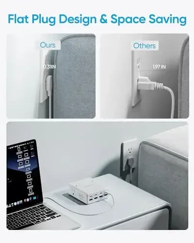 Olcorife 230W USB quvvatlash moslamasi, 5FT tekis vilkali uzaytirgich, 4 AC rozetka 8 USB port(4 USB C&4 USB A), 2000 Joullik kuchlanishdan himoya, Ko'p USB rozetkali moslama, Uy ofisi Yotoqxona Sayohat uchun zarur narsalar - 4