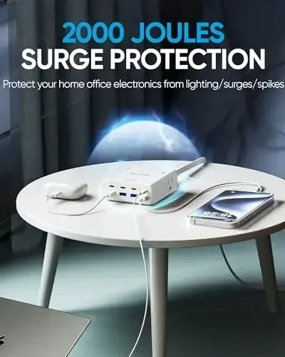 Olcorife 230W USB quvvatlash moslamasi, 5FT tekis vilkali uzaytirgich, 4 AC rozetka 8 USB port(4 USB C&4 USB A), 2000 Joullik kuchlanishdan himoya, Ko'p USB rozetkali moslama, Uy ofisi Yotoqxona Sayohat uchun zarur narsalar - 6