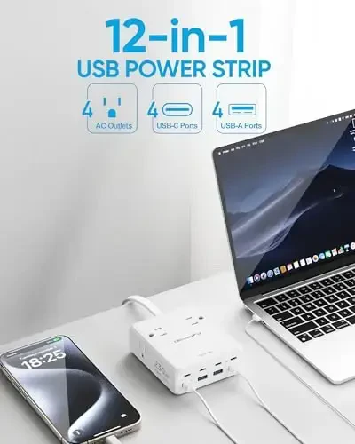 Olcorife 230W USB Power Strip, Ultra Thin Flat Plug Extension Cord 5FT, 4 AC Outlets 8 USB Ports(4 USB-C&4 USB A), 2000J Surge Protector, Home Office Dorm Travel Essentials - 3