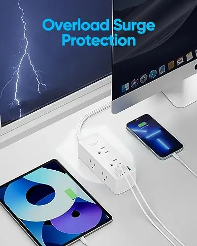 Olcorife Surge Protector Power Strip, Ultra Thin Flat Plug Extension Cord 6ft, 6 Outlets 3 USB Ports(1 USB C), 3 Sided Outlet Extender for Home Office Travel Dorm Room Essentials, White - 5