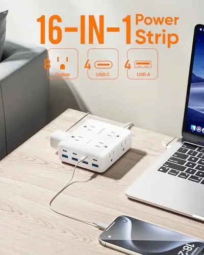 Olcorife Flat Plug Power Strip with 25 FT Extension Cord, 8 Outlets 8 USB Ports(4 USB C), 3 Sided Outlet Extender for Home Office Travel Dorm Room Essentials, White - olcorife (1)