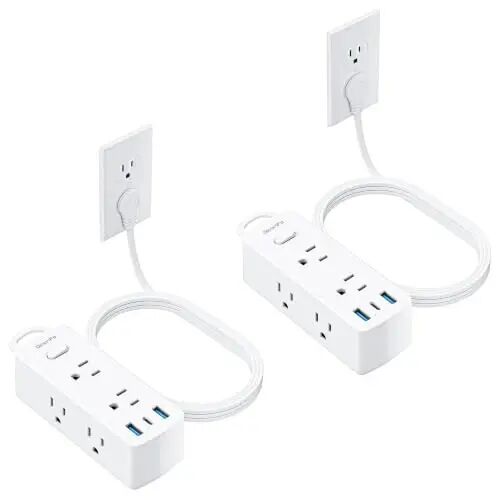 Olcorife Flat Plug Power Strip with 5 FT Extension Cord, 6 Outlets 3 USB Ports(1 USB C), 3 Sided Outlet Extender for Home Office Travel Dorm Room Essentials, White, Pack of 2 - olcorife