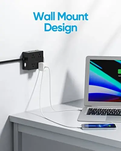 Olcorife Flat Plug Power Strip with 5 FT Extension Cord, 8 Outlets 4 USB Ports(1 USB C), 3 Sided Outlet Extender for Home Office Travel Dorm Room Essentials, Black - 4