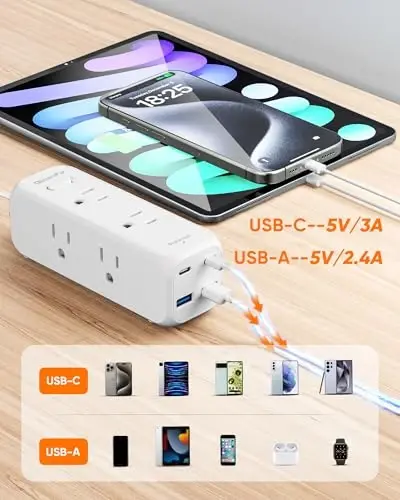 Olcorife yassi vilkali tarmoq filtri, 3 fut uzatma kabeli, 6 ta rozetka, 4 ta USB port (2 ta USB C), uy, ofis, sayohat va yotoqxona uchun 3 tomonlama rozetka, Oq - 6