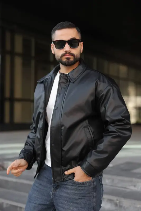 Old Money Culture Oversize Kapitoneli Kalın Deri Ceket-Siyah Kapitone Mont - 3