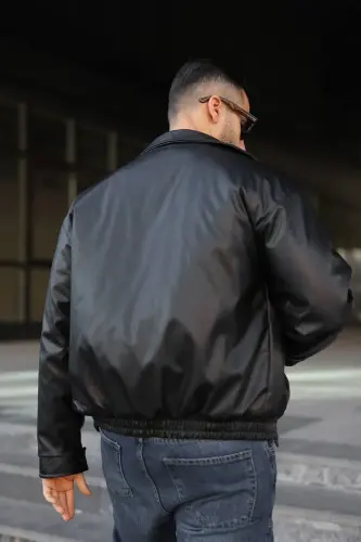 Old Money Culture Oversize Kapitoneli Kalın Deri Ceket-Siyah Kapitone Mont - 5