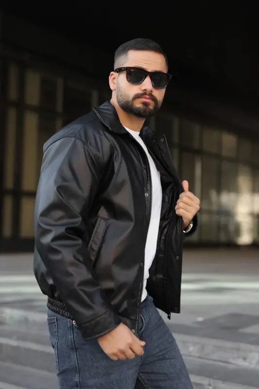 Old Money Culture Oversize Kapitoneli Kalın Deri Ceket-Siyah Kapitone Mont - BASEL.CO