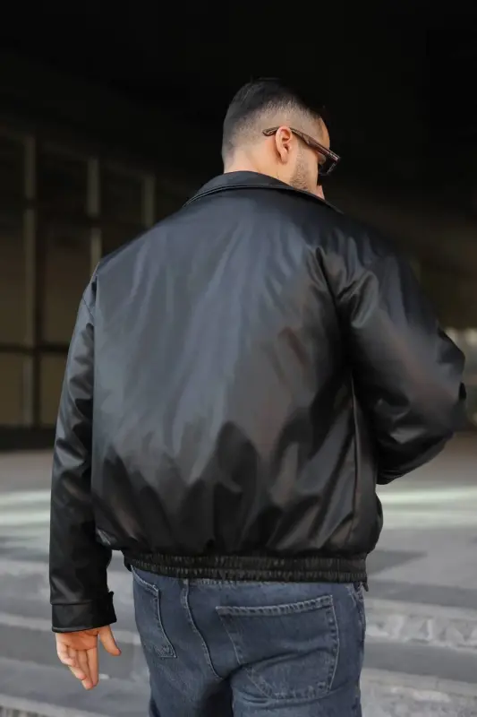 Old Money Culture Oversize Kapitoneli Kalın Deri Ceket-Siyah Kapitone Mont - 5