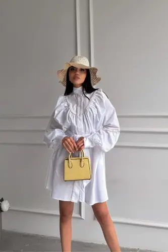 OLD QADAMLI POPLIN KLOŞ KO'YLAK, BOG'LAMA KAMAR DETALLI - Oq - BÜYÜKBEDENIZ (1)