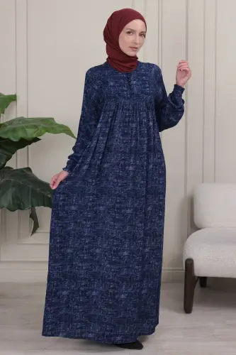 Oldi tugmali viskon matoli, burmali robavali ayollar kiyimi onalar kiyimi namoz kiyimi - To'q ko'k tekis - FISTAN (1)