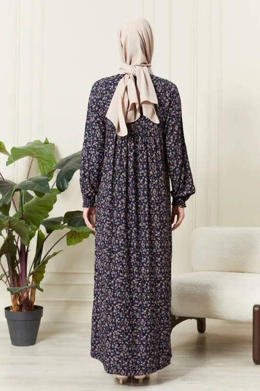 Oldi tugmali viskoza matoli burmali robali ayollar ko‘ylagi, namoz ko‘ylagi - To‘q ko‘k 2026 - 7