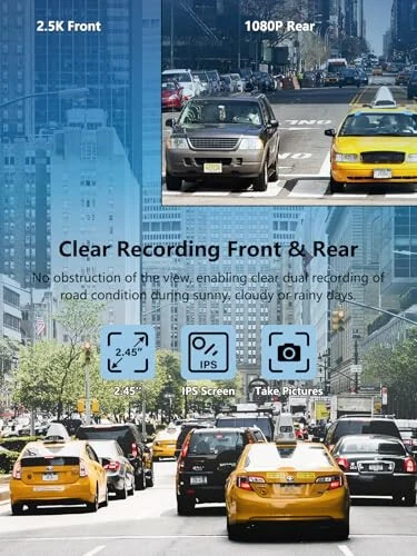 Oldin va orqa kamera, Mini Dash Cam 1080P Full HD 32GB SD karta bilan, 2.45 dyuymli IPS ekran, 2 o'rnatish usuli, tungi ko'rish, WDR, avariya qulflash, tsiklli yozuv, to'xtash monitoringi - 5