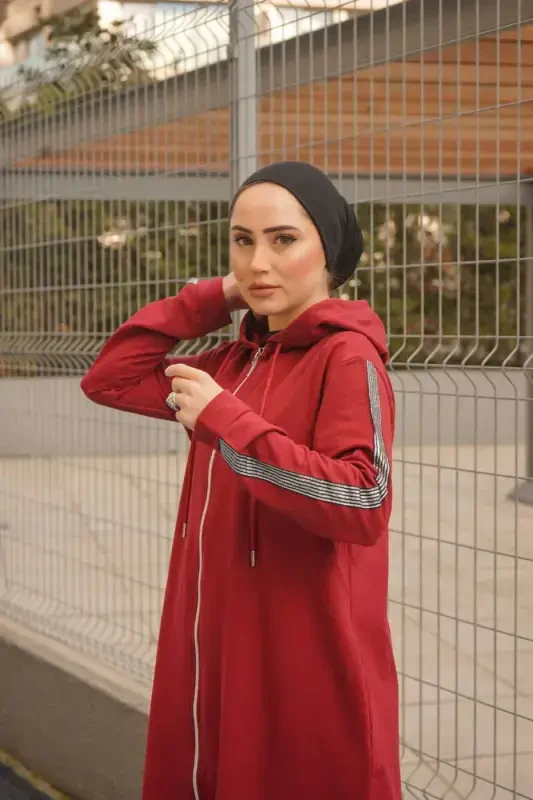 Oldindan fermuarli kapüşonli sport ferace Bts0008 Bordo-Bordo - 7