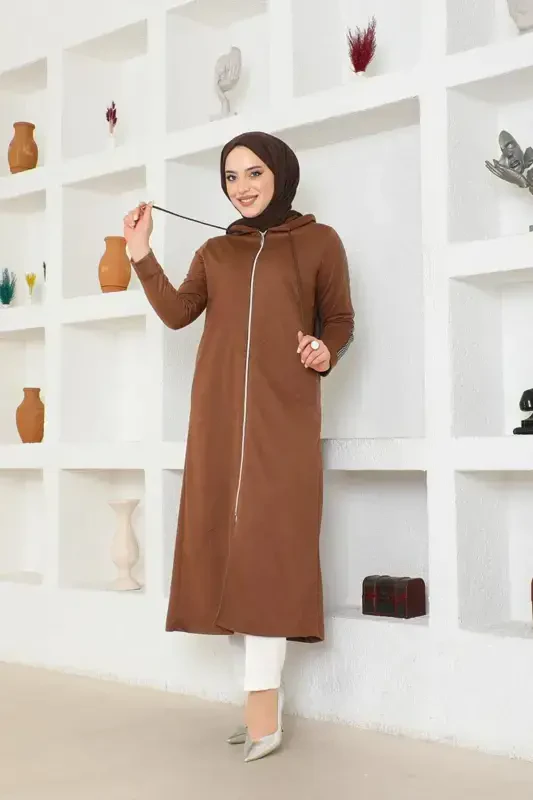 Oldindan fermuarli kapüşonli sport ferace BTS0008 Qahva-Qahva - 1