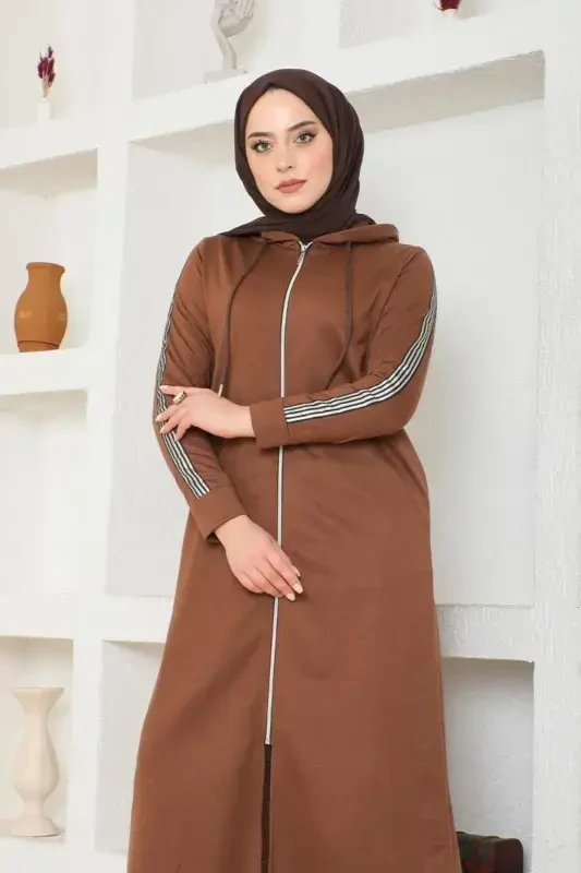 Oldindan fermuarli kapüşonli sport ferace BTS0008 Qahva-Qahva - 2