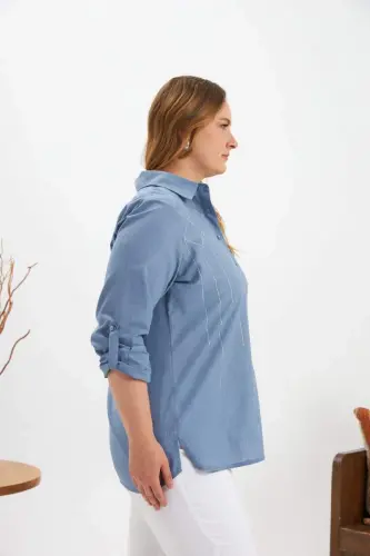 Oldingi tosh detallari bilan katta o'lchamli ko'ylak Moviy - BÜYÜKBEDENIZ (1)