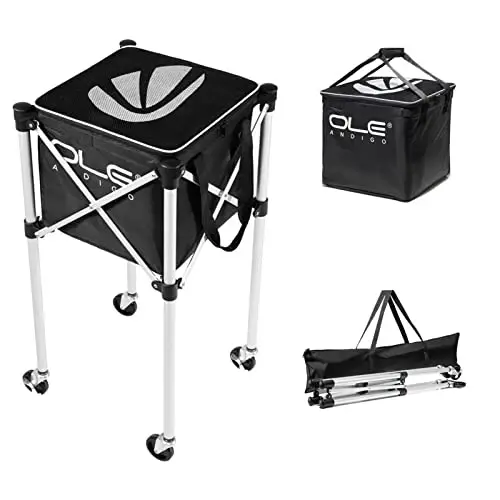 OLE ANDIGO Tennis Balls Hopper Tennis Ball Basket with Side Pockets Lightweight Tennis Ball Cart Holds 160 Balls, Portable Sports Teaching Cart with Wheels for Tennis Player - OLE ANDIGO