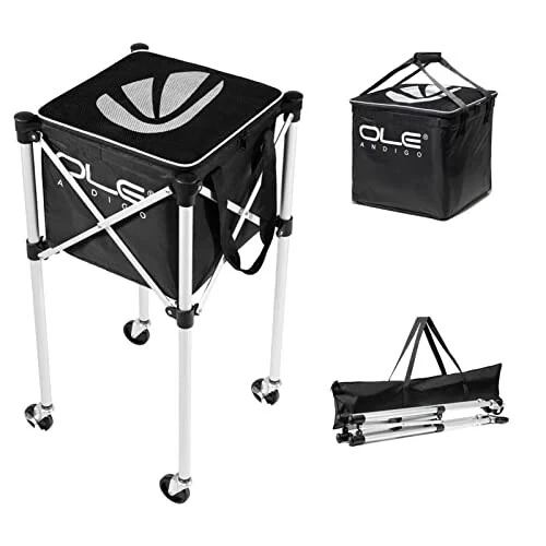 OLE ANDIGO Tennis Balls Hopper Tennis Ball Basket with Side Pockets Lightweight Tennis Ball Cart Holds 160 Balls, Portable Sports Teaching Cart with Wheels for Tennis Player - OLE ANDIGO