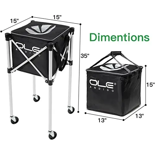 OLE ANDIGO Tennis Balls Hopper Tennis Ball Basket with Side Pockets Lightweight Tennis Ball Cart Holds 160 Balls, Portable Sports Teaching Cart with Wheels for Tennis Player - 2