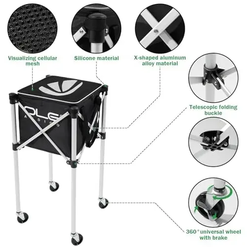 OLE ANDIGO Tennis Balls Hopper Tennis Ball Basket with Side Pockets Lightweight Tennis Ball Cart Holds 160 Balls, Portable Sports Teaching Cart with Wheels for Tennis Player 